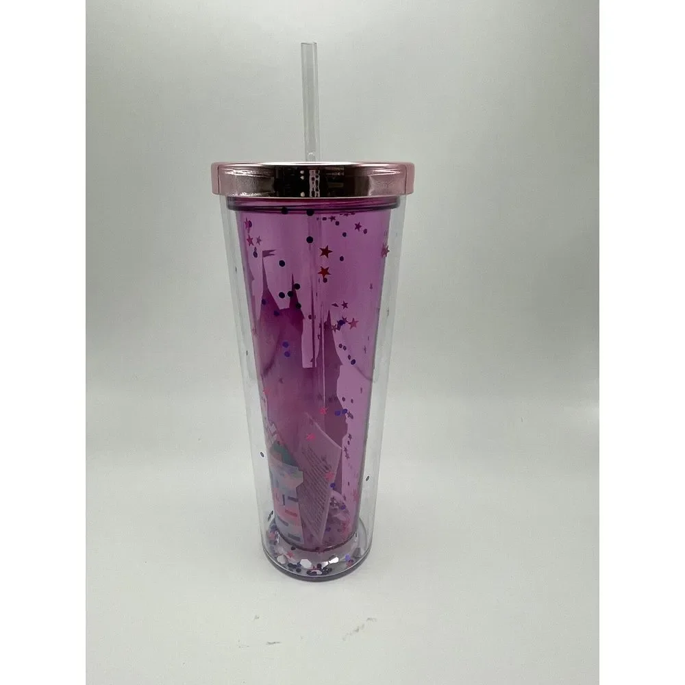 Disney Parks Cinderella Castle Water Tumbler W/Straw 2023 Rose Gold Lid Confetti